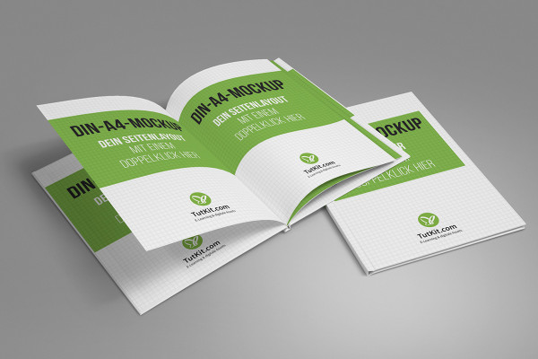 A4 dikey formatında sert kapaklı kitap mockup - Version 9
