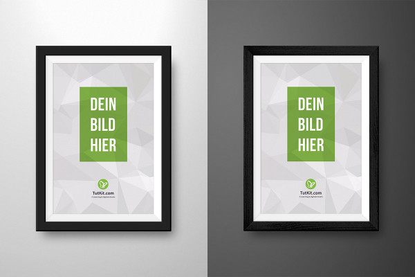 Mockup for a black picture frame in portrait format with narrow passe-partout