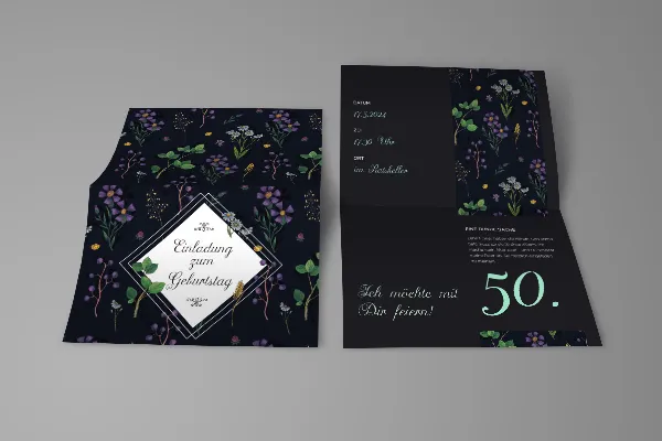 Criar convite de aniversário personalizado: Modelo florido no formato A5 paisagem (cartão dobrável)