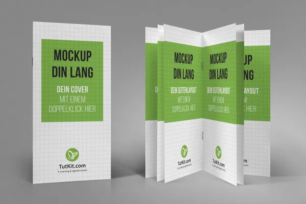 Mockup für Broschüren im DIN-lang-Format: Cover und Broschüre aufgestellt