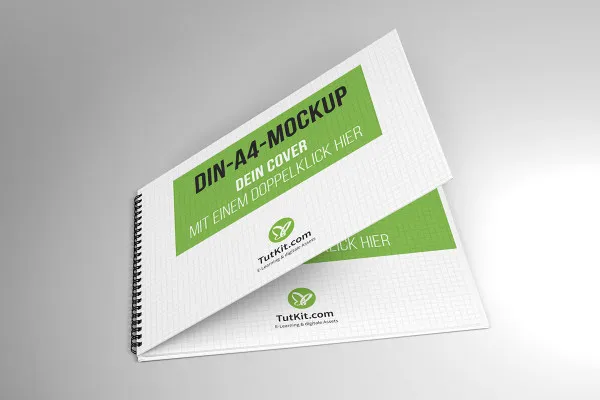 Mockup untuk brosur hardcover dalam format horizontal dengan spiral binding: cover, halaman dalam, diterbuka