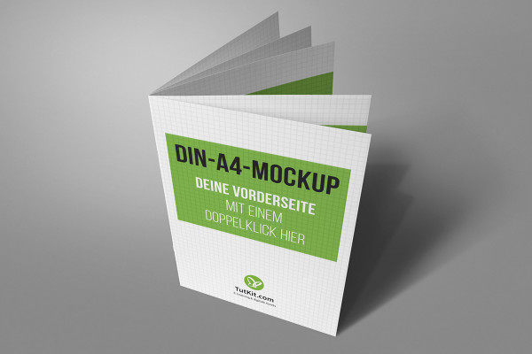 A4 dikey formatında broşürler için mockup: Ön ve açılmış iç sayfalarla dik olarak duran.