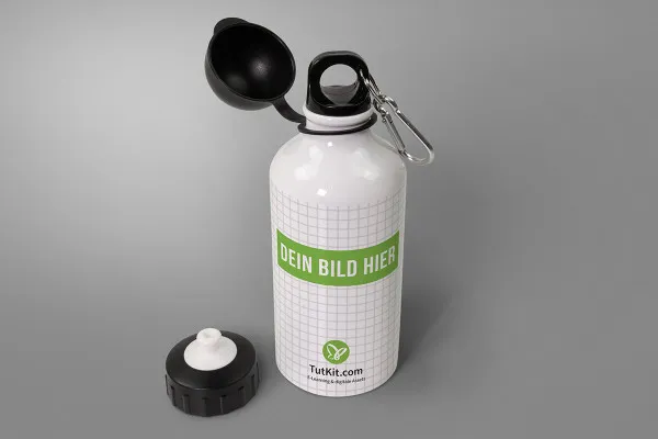 Mockup: weiße Sport-Thermosflasche mit geöffnetem Verschluss links