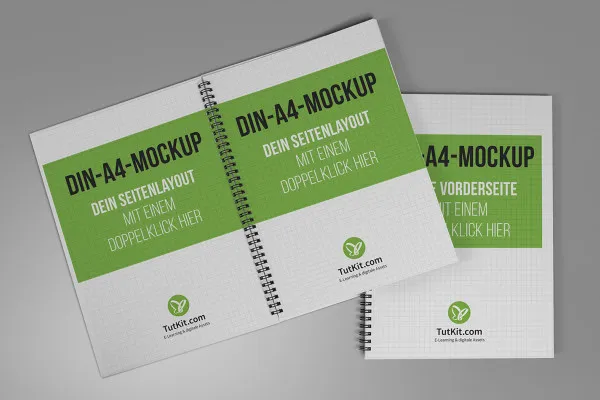 Mockup per brochure rigida in formato verticale con rilegatura a spirale: Due pagine interne, copertina, in posizione orizzontale