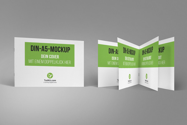 Mockup für Broschüren im A5-Querformat: Aufgestellte Vorderseite und aufgeblätterte Innenseiten