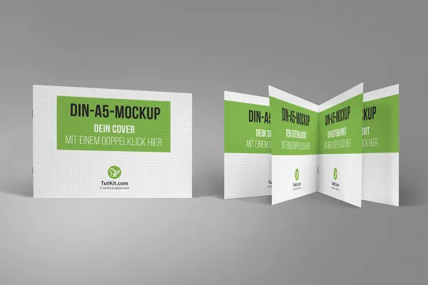 Mockup per opuscoli in formato orizzontale A5: Fronte in piedi e pagine interne sfogliate.
