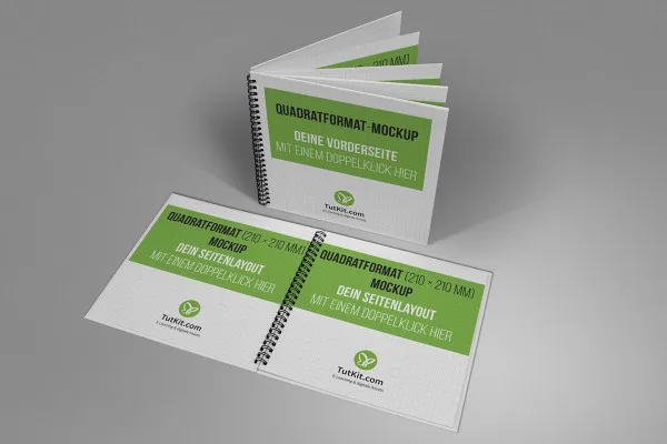 Mockup til firkantet brochurer med spiralbinding: liggende omslag, to stående indersider