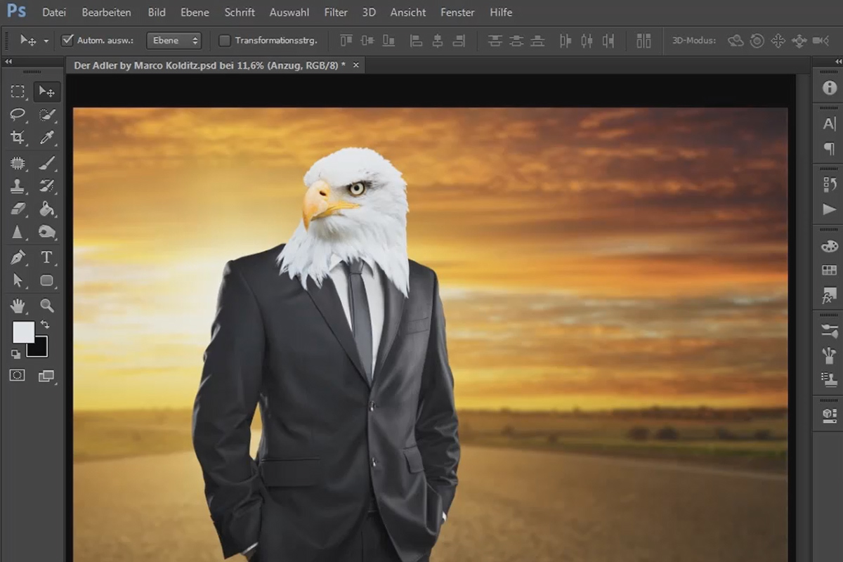 Photoshop-sammensætning - Ørnen: 02 - Frilægning af ørnehoved og dragt, forfine masker og skygge realistisk.