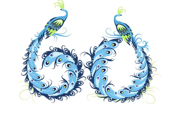 Plantilla de números (60) para cumpleaños y aniversarios con plumas decorativas de pavo real