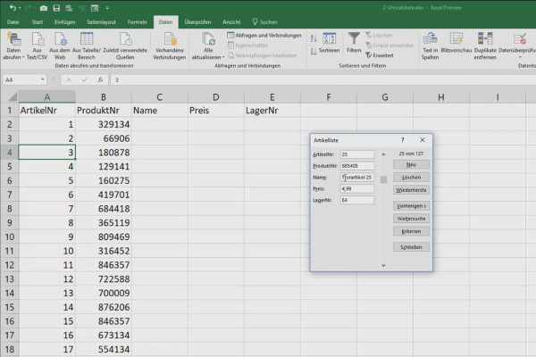 Excel tutorial: Pivot, charts and table design for clear data presentation - 2.12 Database mask in Excel