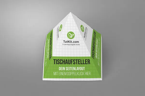 Mockup: ein Tischaufsteller in Pyramiden-Form, Ansicht von oben