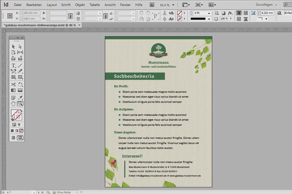 Utforming av stillingsannonse i Adobe InDesign.