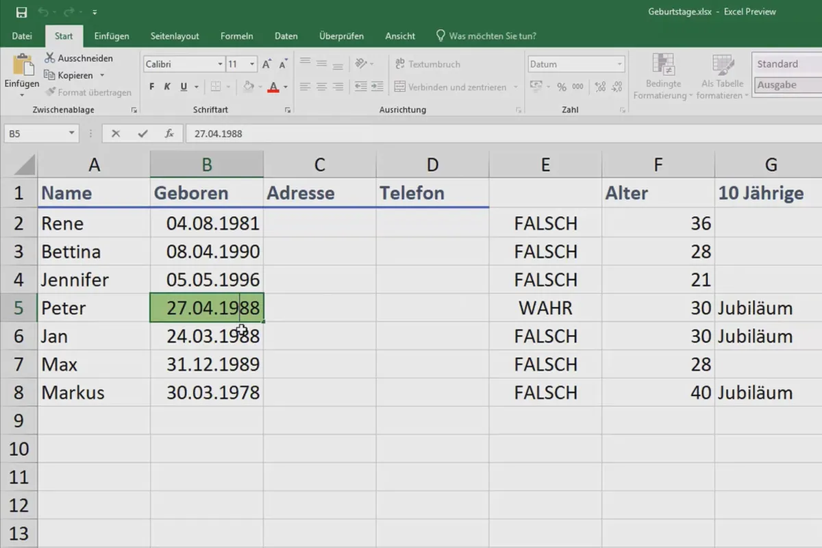 Excel-træning for mere effektivitet på kontoret: kalender, organigram & Co - 3.3 Påmindelse om en jubilæum