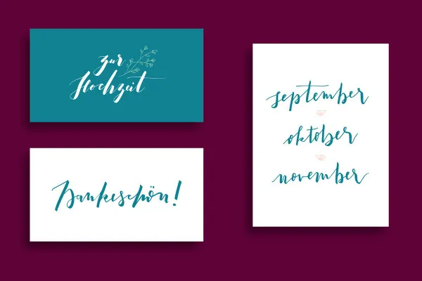 Handlettering Hochzeit: "zur Hochzeit", "Dankeschön!" , "september oktober november"