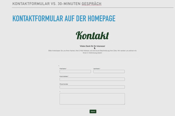 Opstart af virksomhed: Start succesfuldt som freelancer: 2.4 Kontaktformular vs. 30-minutters rådgivningssamtale.