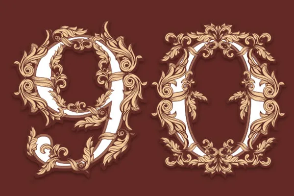 Шаблон цифр (90) для дня народження та ювілею з витонченими орнаментами