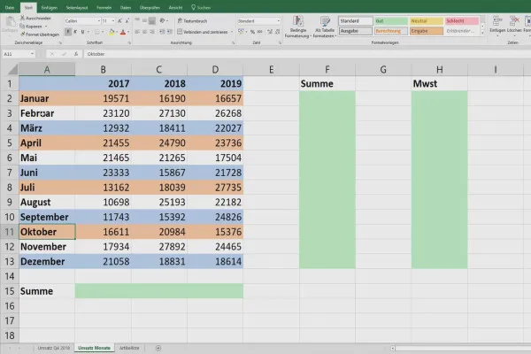 Excel-Tutorial: Pivot, Diagramme und Tabellen-Design zur anschaulichen Daten-Präsentation – 3.1 Färben jeder zweiten Zeile