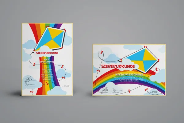 Kreativt sertifikatdesign for barn (Drageflyvning) i stående og liggende format.