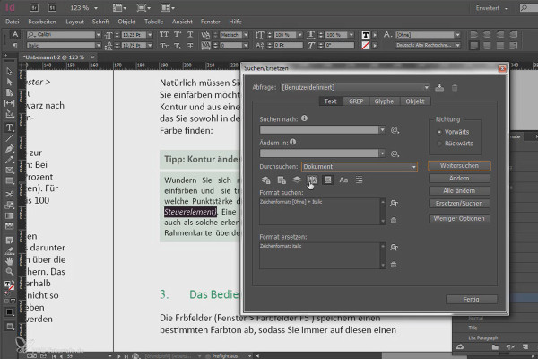 Adobe InDesign'daki büyük projeler - 3.03 - Arama/Yerine Koyma kullanarak cümle