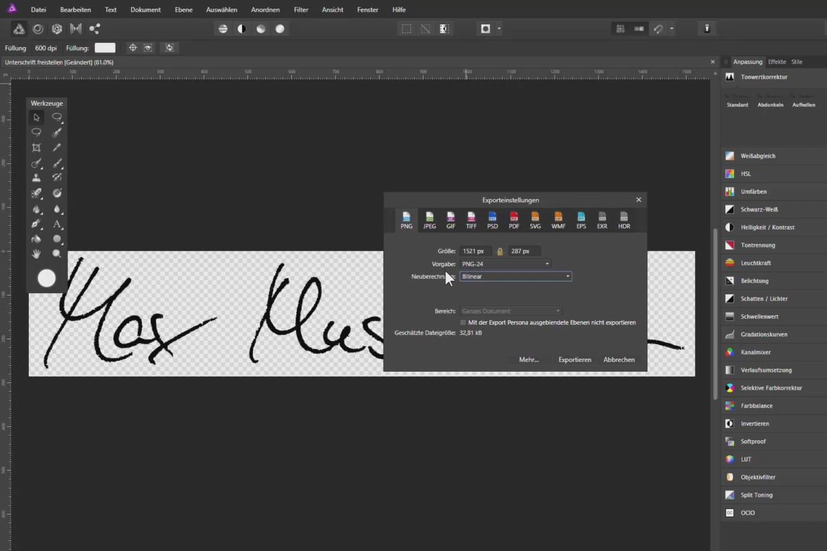 Frigjøre med Affinity Photo: 16 | Fjern og eksporter signatur