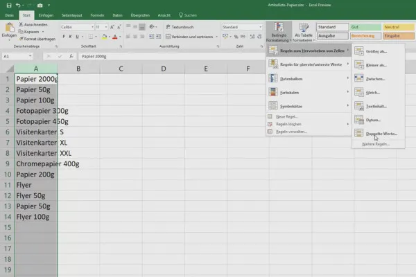 Excel-Kurs für Controlling und Vertrieb: Sortimentsliste, Einheiten, Währung & Co – 3.7 Doppelte Werte hervorheben