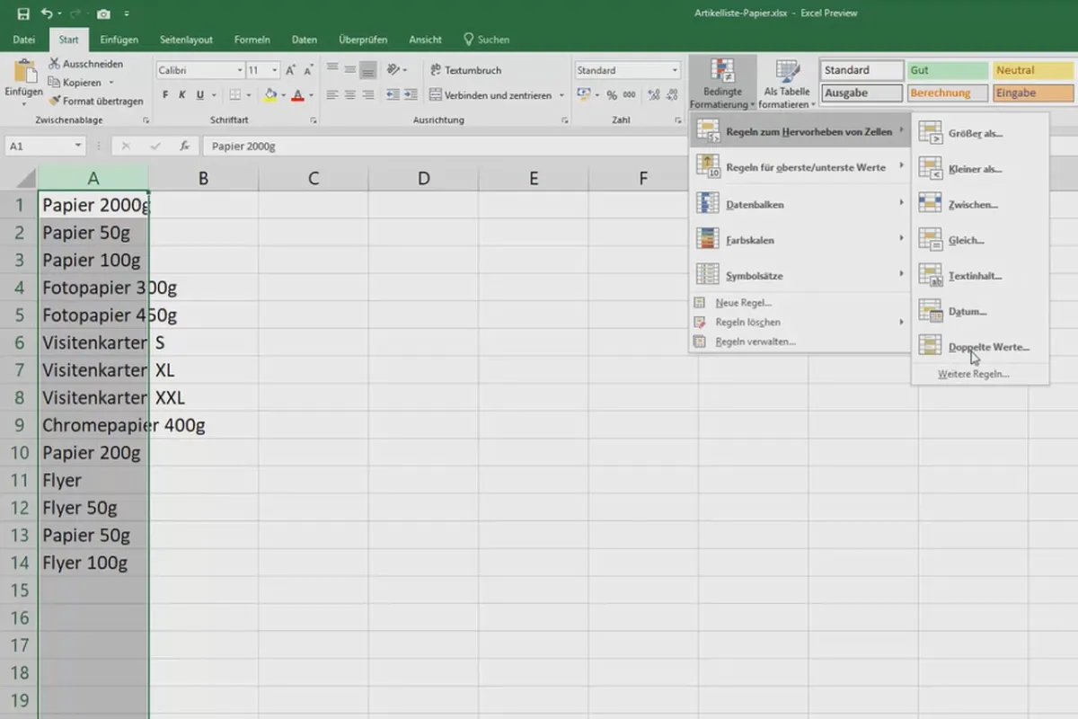 Cours Excel pour le contrôle et la distribution : liste des assortiments, unités, devise & compagnie - 3.7 Mettre en évidence les valeurs doubles
