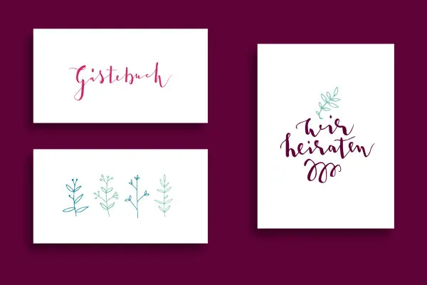 Handlettering Hochzeit: "Gästebuch", "wir heiraten", illustrative Zweige