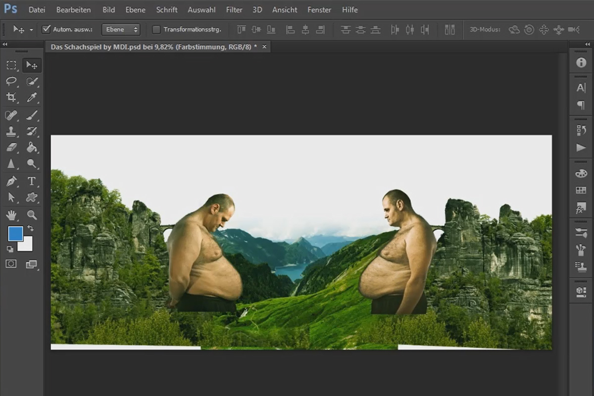 Photoshop-kompositointi - Shakki - Osa 05: Sijoita kalliot, maskeeraa ja määritä kuvan värisävy