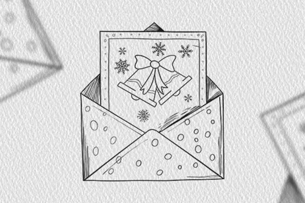 Weihnachtsmotiv in Schwarz-Weiß: geöffneter Briefumschlag mit Glöckchen auf der Karte