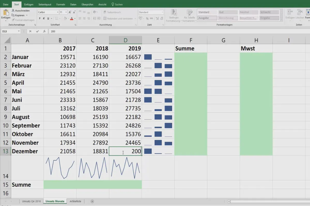 Excel-Tutorial: Pivot, Diagramme und Tabellen-Design zur anschaulichen Daten-Präsentation – 3.3 Sparklines in Excel