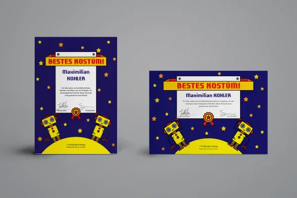 Design creativo di certificati per bambini (concorso di costumi) in formato verticale e orizzontale.