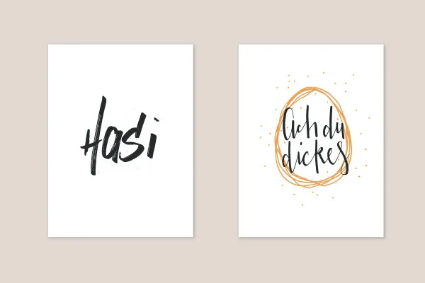 Lentefrisse handlettering sjablonen voor Pasen: 02 | "Hasi", "ach, wat een dik" ei