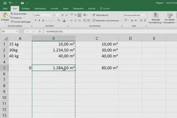 Cours Excel pour le contrôle de gestion et la vente : liste des assortiments, unités, monnaie & Co - 3,9 mètres carrés et mètres cubes