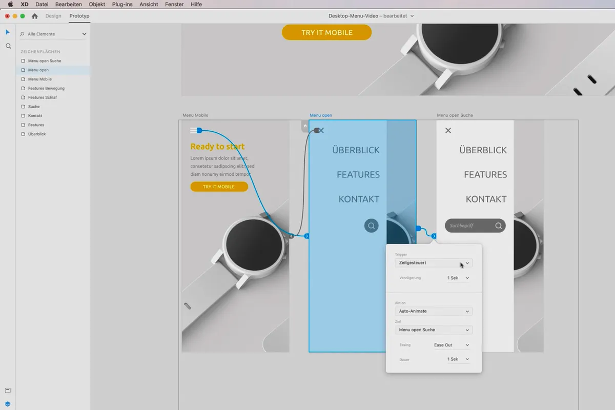Adobe XD-Tutorial: 17 | Menü für Smartphones interaktiv aufbauen