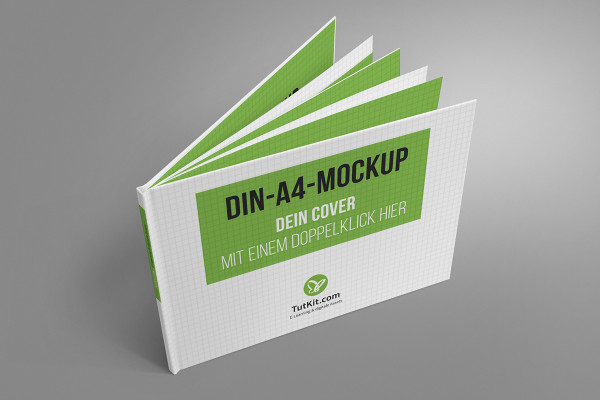 A4 yatay formatında Hardcover kitapla mockup - Versiyon 7