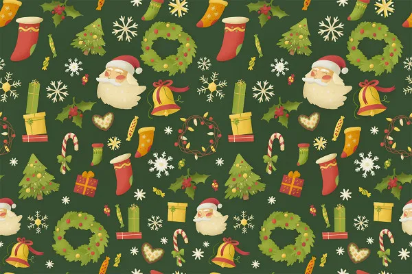 Weihnachtliche Illustrationen, Muster: Weihnachtsmänner, Geschenke, Zuckerstangen und Co.