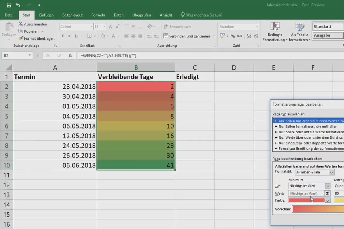 Excel-træning for mere effektivitet på kontoret: kalender, organisationsdiagram og så videre - 3.8 Markering af aftaler med farver.