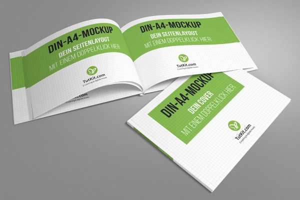A4 yatay formatında sert kapaklı kitap mockup - Sürüm 8