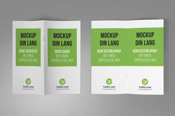 Mockup für Broschüren im DIN-lang-Format: Cover, Rückseite, 2 Innenseiten, Aufsicht