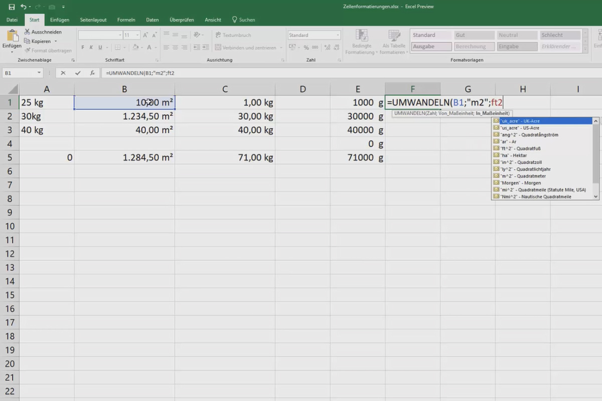 Excel-Kurs für Controlling und Vertrieb: Sortimentsliste, Einheiten, Währung & Co – 3.11 Umwandeln von Maßeinheiten