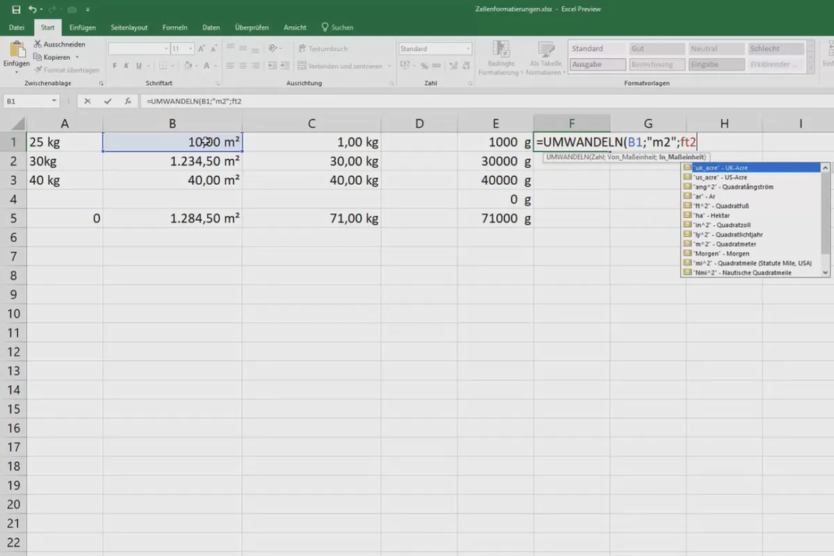 Excel-Kurs für Controlling und Vertrieb: Sortimentsliste, Einheiten, Währung & Co – 3.11 Umwandeln von Maßeinheiten