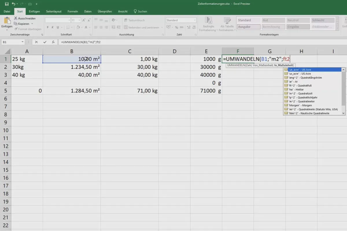 Cours Excel pour le contrôle et la vente: liste des assortiments, unités, devises & Co - 3.11 Conversion des unités de mesure