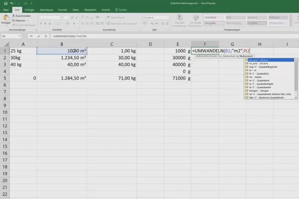 Cours Excel pour le contrôle et la vente: liste des assortiments, unités, devises & Co - 3.11 Conversion des unités de mesure