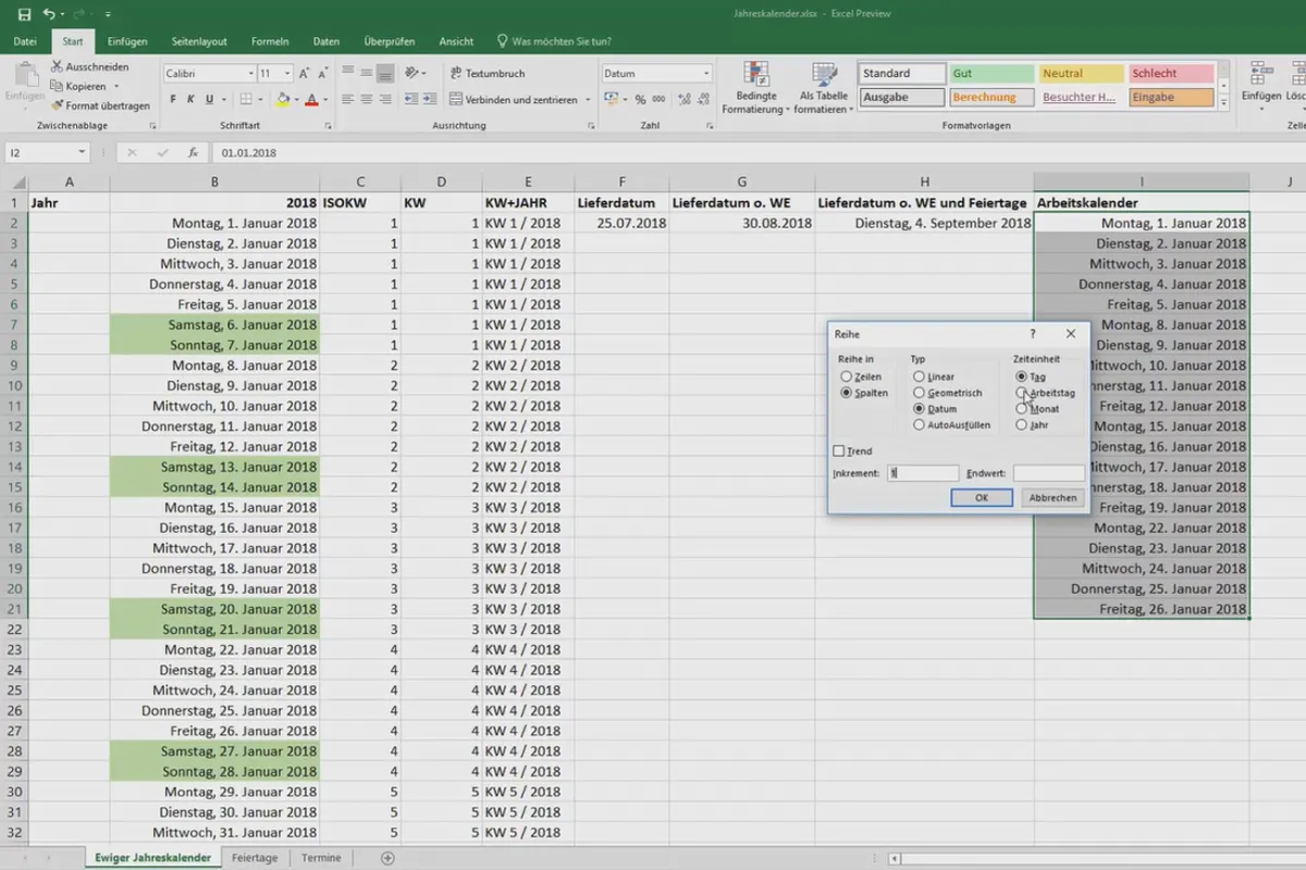 Excel-træning for mere effektivitet på kontoret: Kalender, organigram og meget mere - Opret kun Excel-kalender med arbejdsdage 3.9