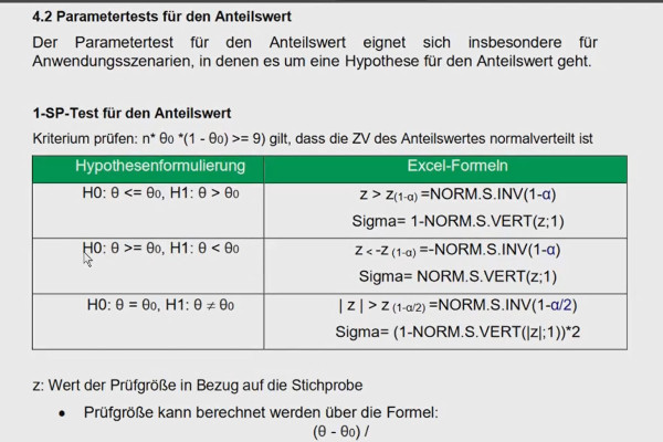 Statistik mit Excel: 4.2 1-SP-Test für den Erwartungswert bei bekannter Varianz in Excel