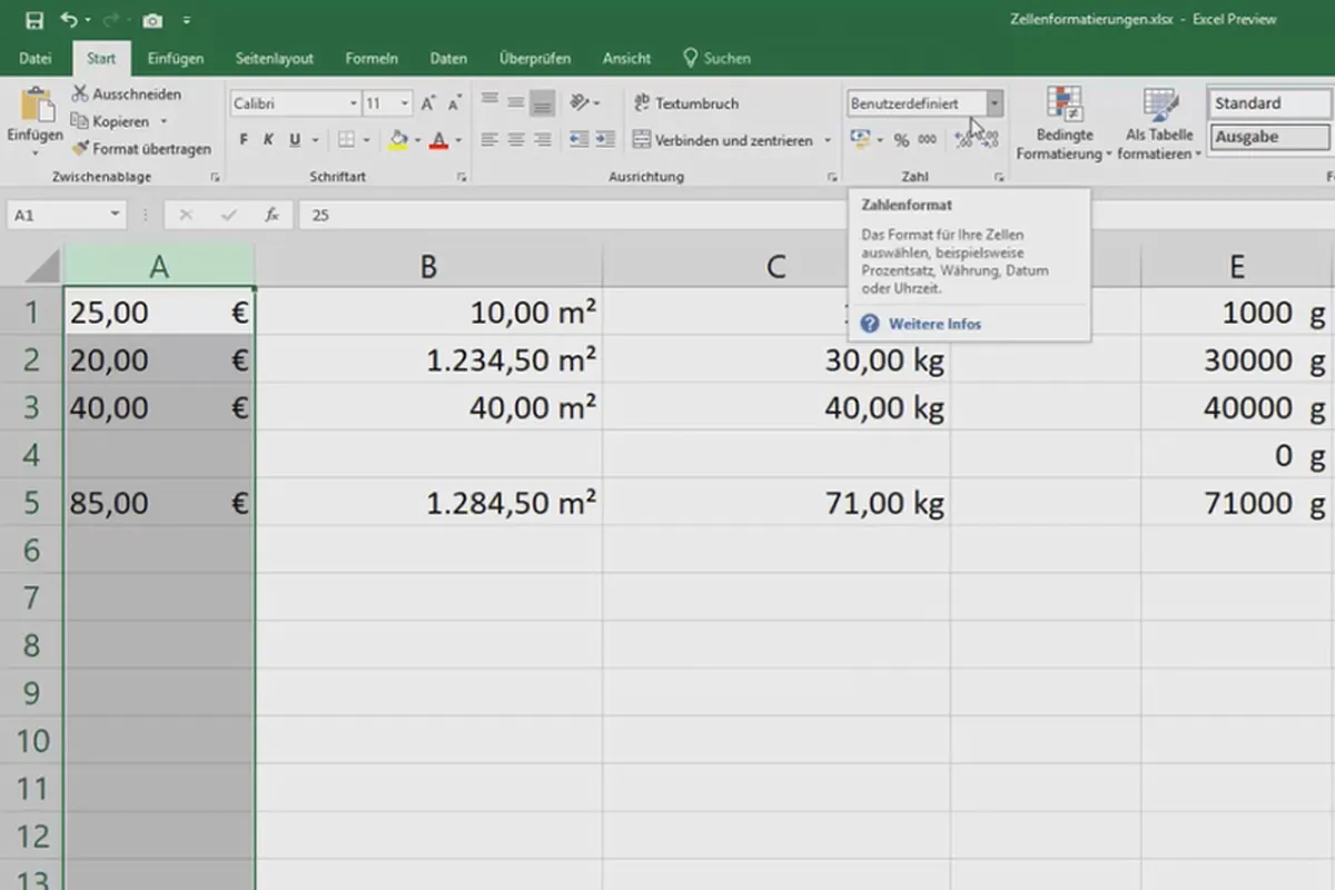 Cours Excel pour le contrôle et la vente : liste des assortiments, unités, devise & Co – 3.12 Formater les devises à gauche et à droite