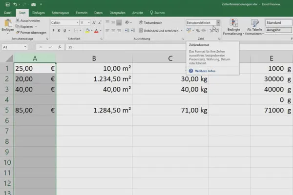 Excel-Kurs für Controlling und Vertrieb: Sortimentsliste, Einheiten, Währung & Co – 3.12 Währungen links- und rechtsbündig formatieren