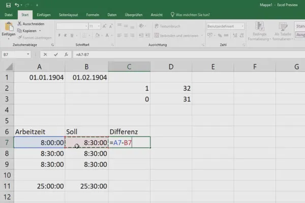 Excel-træning for øget effektivitet på kontoret: Kalender, organisationsdiagram & Co - 3.11 Korrekt beregning af negative timer og minutter