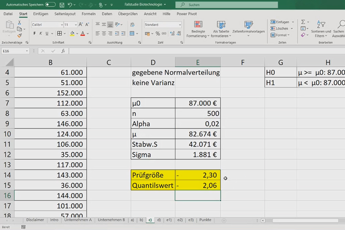 Statistics with Excel: 4.4 1-SP test for the expected value with unknown variance in Excel