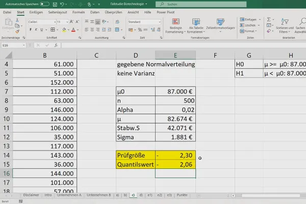 Statistik mit Excel: 4.4 1-SP-Test für den Erwartungswert bei unbekannter Varianz in Excel